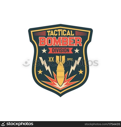 Aviation bomber jet fighter, bombing aircraft, patch on non-commissioned officers uniform with falling bomb. Vector label on military apparel, patch on officer uniform, army insignia bomber division. Tactical bomber division patch on uniform, bomber