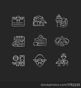 Aviation chalk white icons set on black background. Air traffic control. Getting pilot license. Aviation safety. Aircraft rental. aeronautical meteorology. Isolated vector chalkboard illustrations. Aviation chalk white icons set on black background