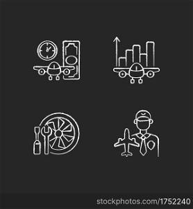 Aviation chalk white icons set on black background. Aircraft maintenance. Aviation security and fligts safety. Budget analysis. Aircraft rental. Isolated vector chalkboard illustrations. Aviation chalk white icons set on black background