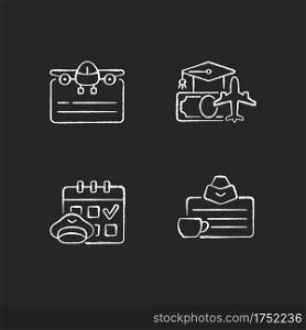 Aviation chalk white icons set on black background. Pilot training financing. Flight scheduling. Flight attendant license. Safety flights guarantee. Isolated vector chalkboard illustrations. Aviation chalk white icons set on black background