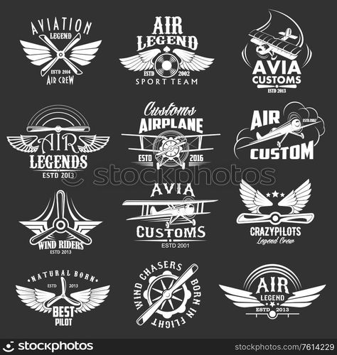 Aviation heraldic icons set, isolated vector labels avia customs and ...