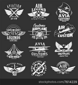 Aviation heraldic icons set, isolated vector labels avia customs and retro aviation symbols of airplane propeller and aircraft wings. Vintage airscrew for aviation legend or best pilot wind chasers. Aviation heraldic icons, isolated vector labels