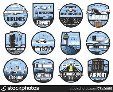 Aviation icons, pilot school and flight attendant service. Vector international flights travel, airport departure and arrival schedule, civil aviation profession, airport and airplane crew symbols. Civil aviation, pilot school and airport schedule