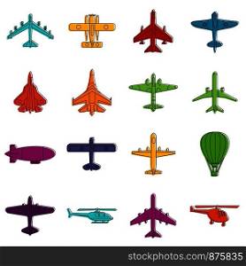 Aviation icons set. Doodle illustration of vector icons isolated on white background for any web design. Aviation icons doodle set