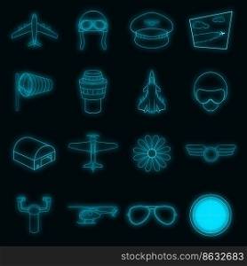 Aviation icons set. Illustration of 16 aviation vector icons neon color on black. Aviation icons set vector neon