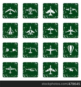 Aviation icons set in grunge style green isolated vector illustration. Aviation icons set grunge