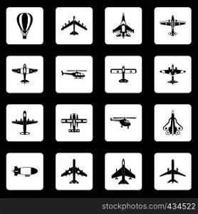 Aviation icons set in white squares on black background simple style vector illustration. Aviation icons set squares vector