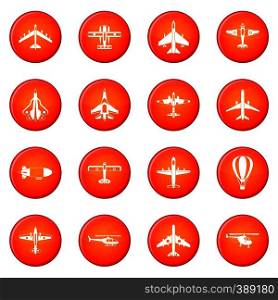 Aviation icons vector set of red circles isolated on white background. Aviation icons vector set