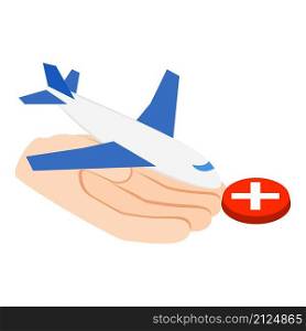 Aviation insurance icon isometric vector. Human hand holding plane, red button. Travel insurance, protection concept. Aviation insurance icon isometric vector. Human hand holding plane red button