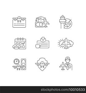 Aviation linear icons set. Air traffic control. Getting pilot license. Aviation safety. Aircraft rental. Customizable thin line contour symbols. Isolated vector outline illustrations. Editable strokes. Aviation linear icons set