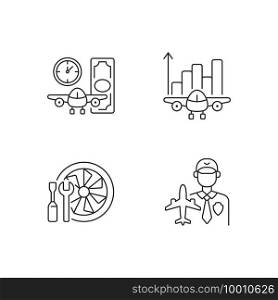 Aviation linear icons set. Aircraft maintenance. Aviation security and fligts safety. Aircraft rental. Customizable thin line contour symbols. Isolated vector outline illustrations. Editable strokes. Aviation linear icons set