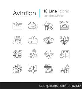 Aviation linear icons set. Civil aviation issues. Flight attendant license. Pilot training financing. Customizable thin line contour symbols. Isolated vector outline illustrations. Editable strokes. Aviation linear icons set
