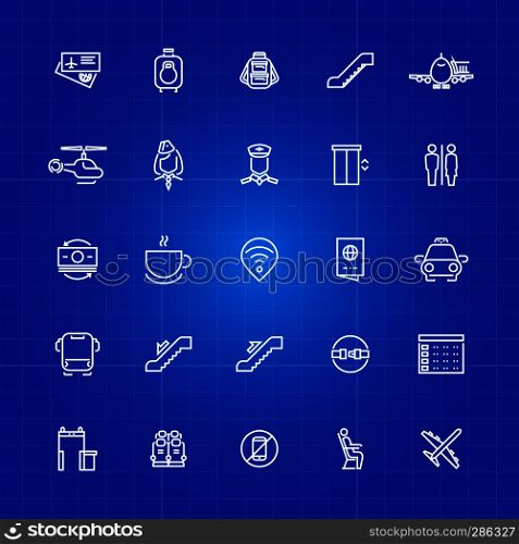 Aviation or airport outline icons set on blue background. Vector illustration. Aviation or airport outline icons set on blue background