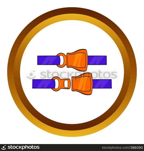 Aviation seat belt vector icon in golden circle, cartoon style isolated on white background. Aviation seat belt vector icon