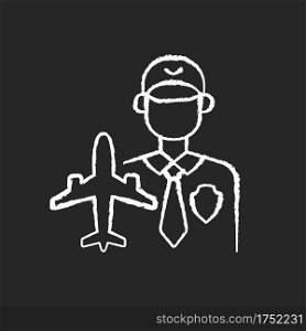 Aviation security chalk white icon on black background. Airport security control system. Civil aviation. Service. Silhouette symbol on white space. Isolated vector chalkboard illustration. Aviation security chalk white icon on black background