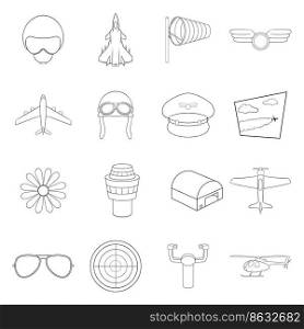 Aviation set icons in outline style isolated on white background. Aviation icon set outline
