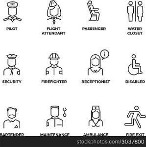 Aviation staff linear vector icons. Pilot, passenger, stewardess, security officer outline symbols. Aviation staff linear vector icons. Pilot, passenger, stewardess, security officer outline symbols. Illustration staff for aviation stewardess and nurse, Line set of icon for airport