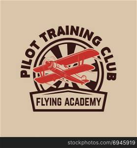 Aviation training center emblem template with retro airplane. Design element for logo, label, emblem, sign. Vector illustration