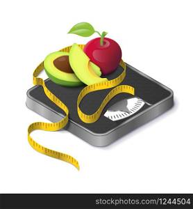 Avocado, apple and measure tape on weight scale isometric realistic. Concept fitness weight lose and diet