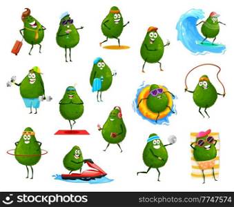 Avocado cartoon characters, sports, recreation, travel activity. Vector funny vegetable workout in gym, tanning on beach, surfing on sea wave and drink cocktail. Healthy exotic food, sport lifestyle. Avocado cartoon characters, sports and recreation