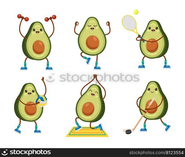 Avocado character exercising cartoon illustration set. Happy fit fruit with cute face playing ball, tennis, hockey, football, doing yoga, workout, lifting dumbbells, meditating. Sport, gym concept