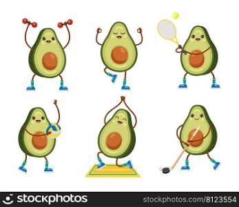 Avocado character exercising cartoon illustration set. Happy fit fruit with cute face playing ball, tennis, hockey, football, doing yoga, workout, lifting dumbbells, meditating. Sport, gym concept