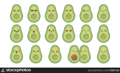 Avocado cute kawaii mascot. Set kawaii food faces expressions smile emoticons.