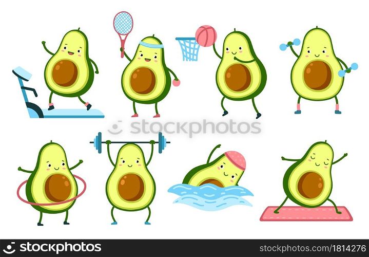 Avocado fitness. Cartoon food gym, healthy fruits fitness characters. Funny sport athlete workout, swimming yoga training exact vector set. Illustration avocado in gym, cartoon exercise vegetable. Avocado fitness. Cartoon food gym, healthy fruits fitness characters. Funny sport athlete workout, swimming yoga training exact vector set