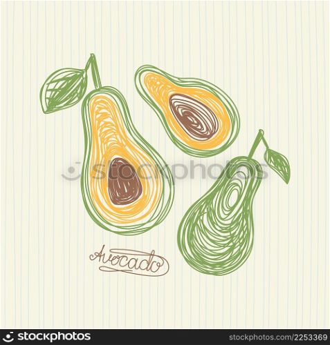 Avocado fruit. Hand drawn vector illustration. Pen or marker doodle sketch. Avocado fruit. Hand drawn vector illustration. Pen or marker doodle sketch.