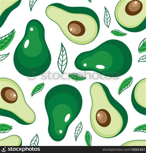 Avocado fruit whole and half seamless pattern. Vector illustration.