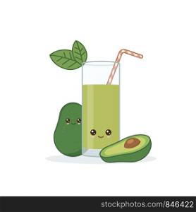 avocado juice. Cute kawai smiling cartoon juice with slices in a glass with juice straw.