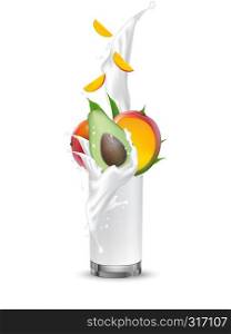 Avocado mango splashing in glass. Realistic 3d splash fruit cream splashing juice glass with swirl. Falling milk into the cup. Cocktail mix. 3d Realistic Vector Illustration for web or packaging.