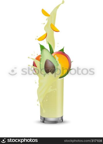 Avocado mango splashing in glass. Realistic 3d splash fruit cream splashing juice glass with swirl. Falling milk into the cup. Cocktail mix. 3d Realistic Vector Illustration for web or packaging.