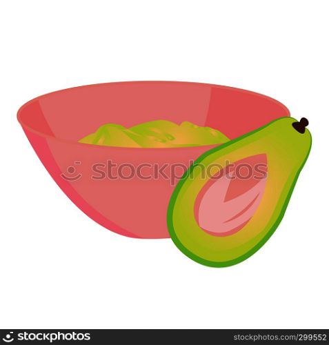 Avocado mashed in a bowl and a half of avocado vector illustration on a white background isolated