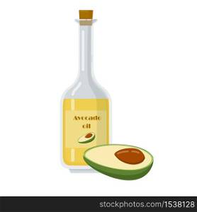 Avocado oil bottle with cork and label. Glass jug and piece of fruit for aroma therapy, cosmetic. Liquid for organic shop flat cartoon vector illustration.