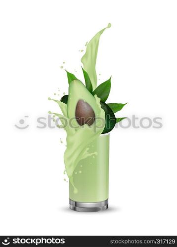 Avocado oil splashing in glass. Realistic 3d splash fruit juice splashing into the glass with swirl. Falling into the cup. Cocktail mix. 3d Realistic Vector Illustration for web or packaging.