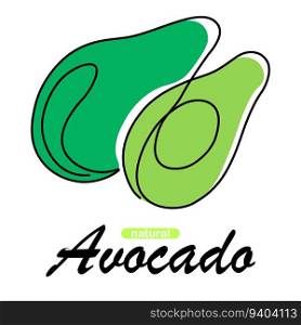 Avocado. One line vegetables. Colored outline isolated element. Natural plant with text. Healthy food, vegan nutrition, cooking raw ingredient. Vitamin fresh vegetarian product. Vector illustration. Avocado. One line vegetables. Colored outline isolated element. Natural plant with text. Healthy food, vegan nutrition, raw ingredient. Vitamin fresh vegetarian product. Vector illustration