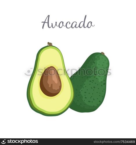 Avocado or alligator pear exotic juicy fruit whole and cut vector isolated. Tropical edible food, dieting veggies plant full of vitamins, nutrition dessert. Avocado Alligator Pear Exotic Juicy Fruit Vector