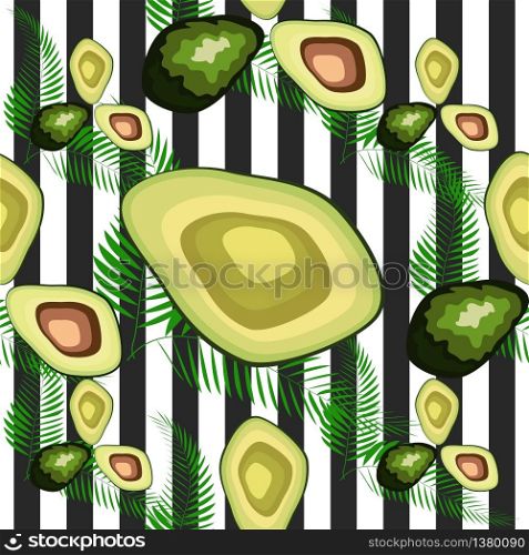 Avocado pattern with palm leaves. Tropical summer fruit engraved style background. Stripe. Avocado pattern. Tropical summer fruit engraved style background. Stripe background