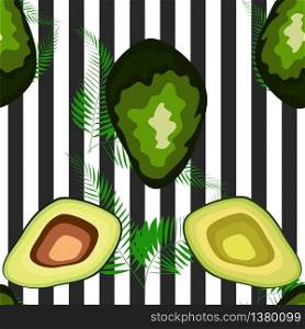 Avocado pattern with palm leaves. Tropical summer fruit engraved style background. Stripe. Avocado pattern. Tropical summer fruit engraved style background. Stripe background