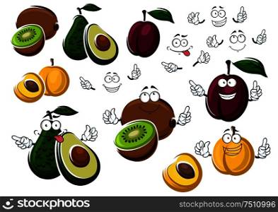 Avocado pear, purple plum, yellow peach and fresh kiwi. Healthy cartoon tropical fruits halved and whole in two variations with or without smiling faces. Vector illustration isolated on white. Cartoon avocado, kiwi, plum and peach