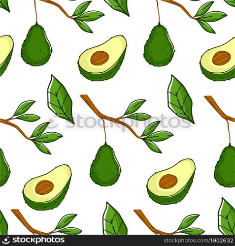 Avocado plant with ripe flesh, product growing on tree. Natural and organic ingredient used in cooking. Agriculture and growth of tree with green fruit. Seamless pattern, vector in flat style. Ripe avocado plant, growing on branch pattern