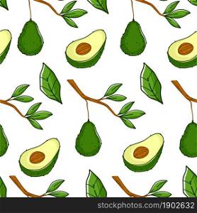 Avocado plant with ripe flesh, product growing on tree. Natural and organic ingredient used in cooking. Agriculture and growth of tree with green fruit. Seamless pattern, vector in flat style. Ripe avocado plant, growing on branch pattern