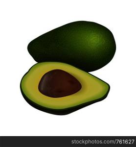 Avocado ripe raw fruit. Persea americana exotic whole and halved. seed. Juicy flesh, isolated on white background. Super food, cosmetology, health care, for prints, labels, web. vector illustration.. Avocado ripe raw fruit. Persea americana whole and halved. seed. Juicy flesh, isolated