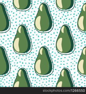 Avocado seamless pattern on dots background. Vegetarian healthy food backdrop. Design for fabric, textile print, wrapping paper, kitchen textiles. Trendy vector illustration. Avocado seamless pattern on dots background. Vegetarian healthy food backdrop.