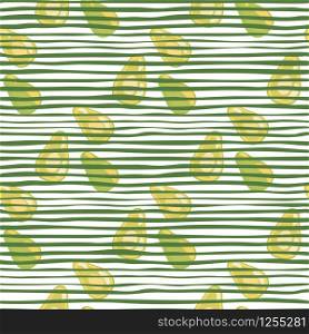 Avocado seamless pattern on stripes background. Vegetarian healthy food wallpaper. Design for fabric, textile print, wrapping paper, kitchen textiles. Trendy vector illustration. Avocado seamless pattern on stripes background. Vegetarian healthy food wallpaper.