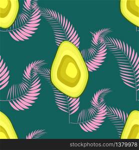 Avocado seamless pattern on tropical leaves background. Cute nature illustration. Decorative design for textile, fabric, wallpaper.