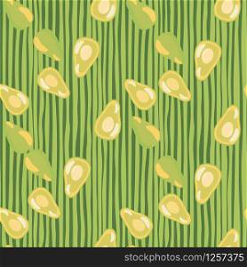 Avocado seamless pattern. Vegetarian healthy food backdrop. Design for fabric, textile print, wrapping paper, kitchen textiles. Trendy vector illustration. Avocado seamless pattern. Vegetarian healthy food backdrop.