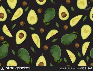 Avocado seamless pattern whole and sliced on black background, Fruits vector illustration