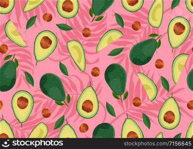 Avocado seamless pattern whole and sliced on pink palm leaves background. Summer background. Fruits vector illustration